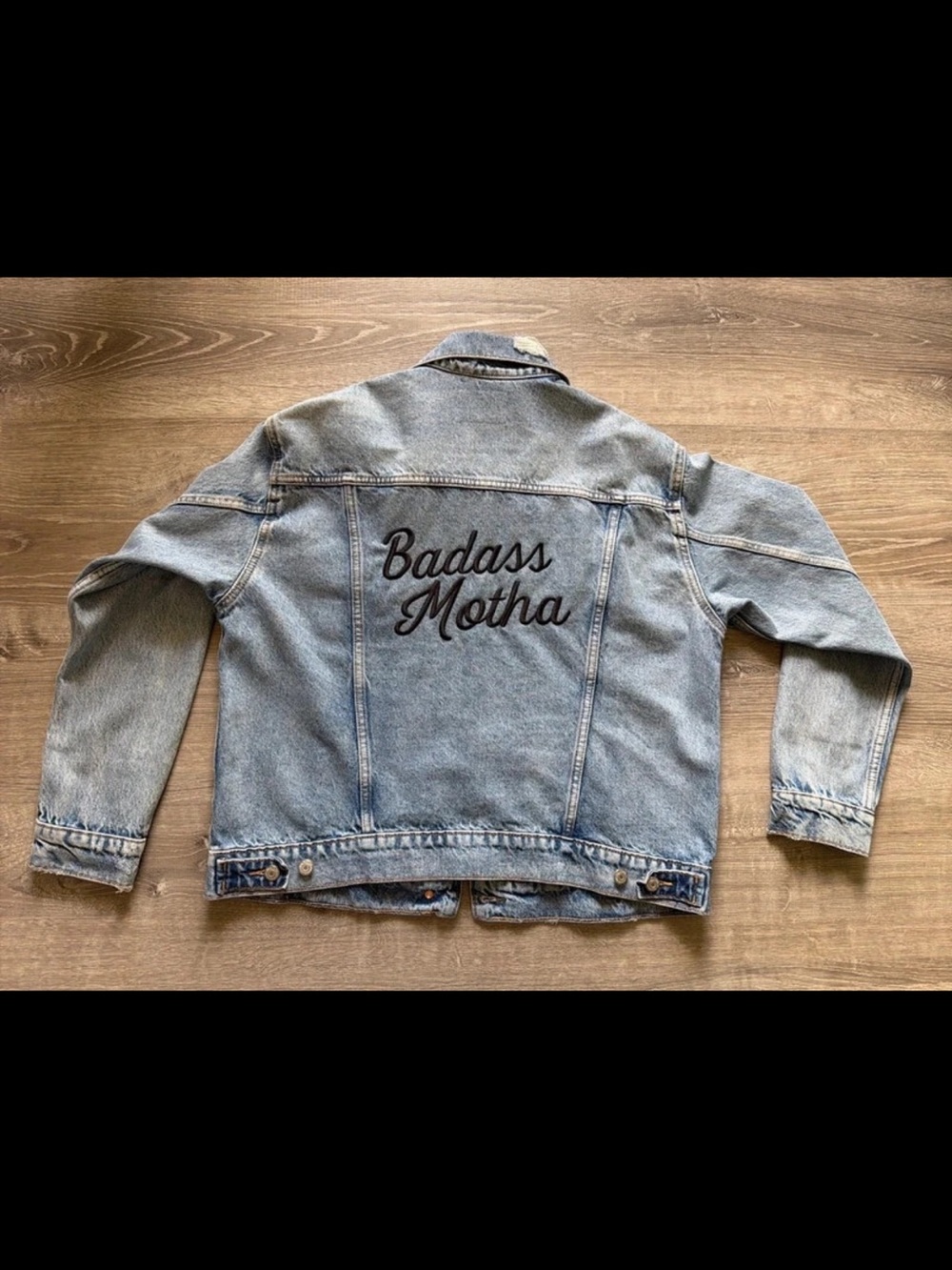 Old Navy Light Blue Kids Denim Jacket with 'Badass Motha' Embroidery